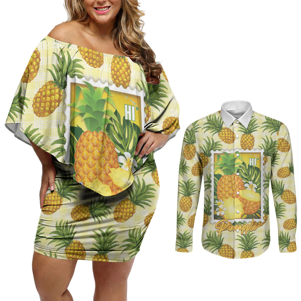 Aloha Hawaii Hala Kahiki Palaka Motifs Couples Matching Off Shoulder Short Dress and Long Sleeve Button Shirt Hawaiian Pineapple Stylized Stamp