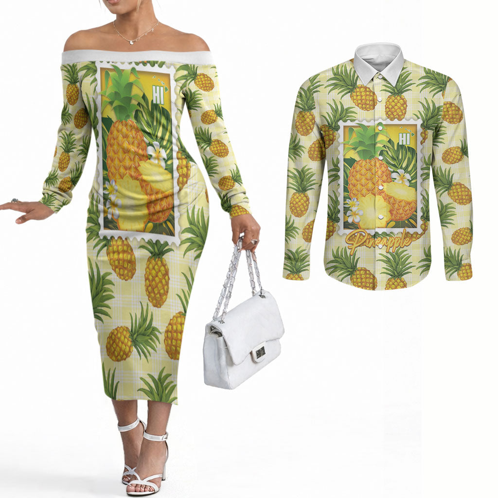 Aloha Hawaii Hala Kahiki Palaka Motifs Couples Matching Off The Shoulder Long Sleeve Dress and Long Sleeve Button Shirt Hawaiian Pineapple Stylized Stamp
