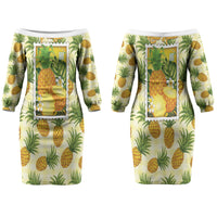 Aloha Hawaii Hala Kahiki Palaka Motifs Couples Matching Off The Shoulder Long Sleeve Dress and Long Sleeve Button Shirt Hawaiian Pineapple Stylized Stamp LT14 - Polynesian Pride