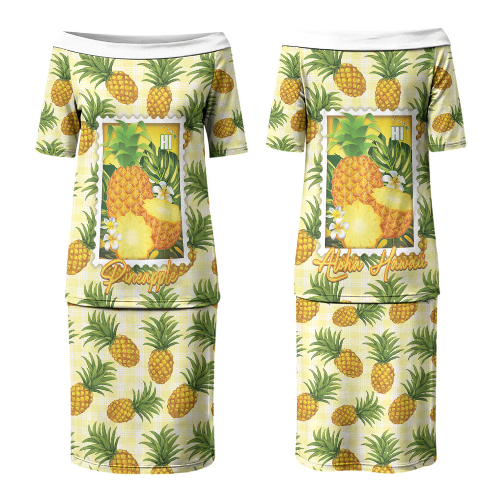 Aloha Hawaii Hala Kahiki Palaka Motifs Couples Matching Puletasi and Long Sleeve Button Shirt Hawaiian Pineapple Stylized Stamp LT14 - Polynesian Pride