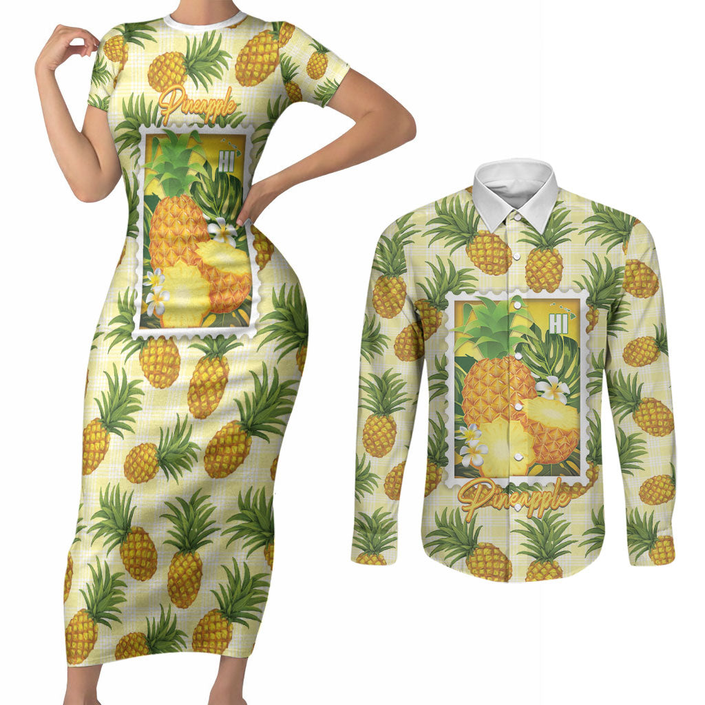 Aloha Hawaii Hala Kahiki Palaka Motifs Couples Matching Short Sleeve Bodycon Dress and Long Sleeve Button Shirt Hawaiian Pineapple Stylized Stamp
