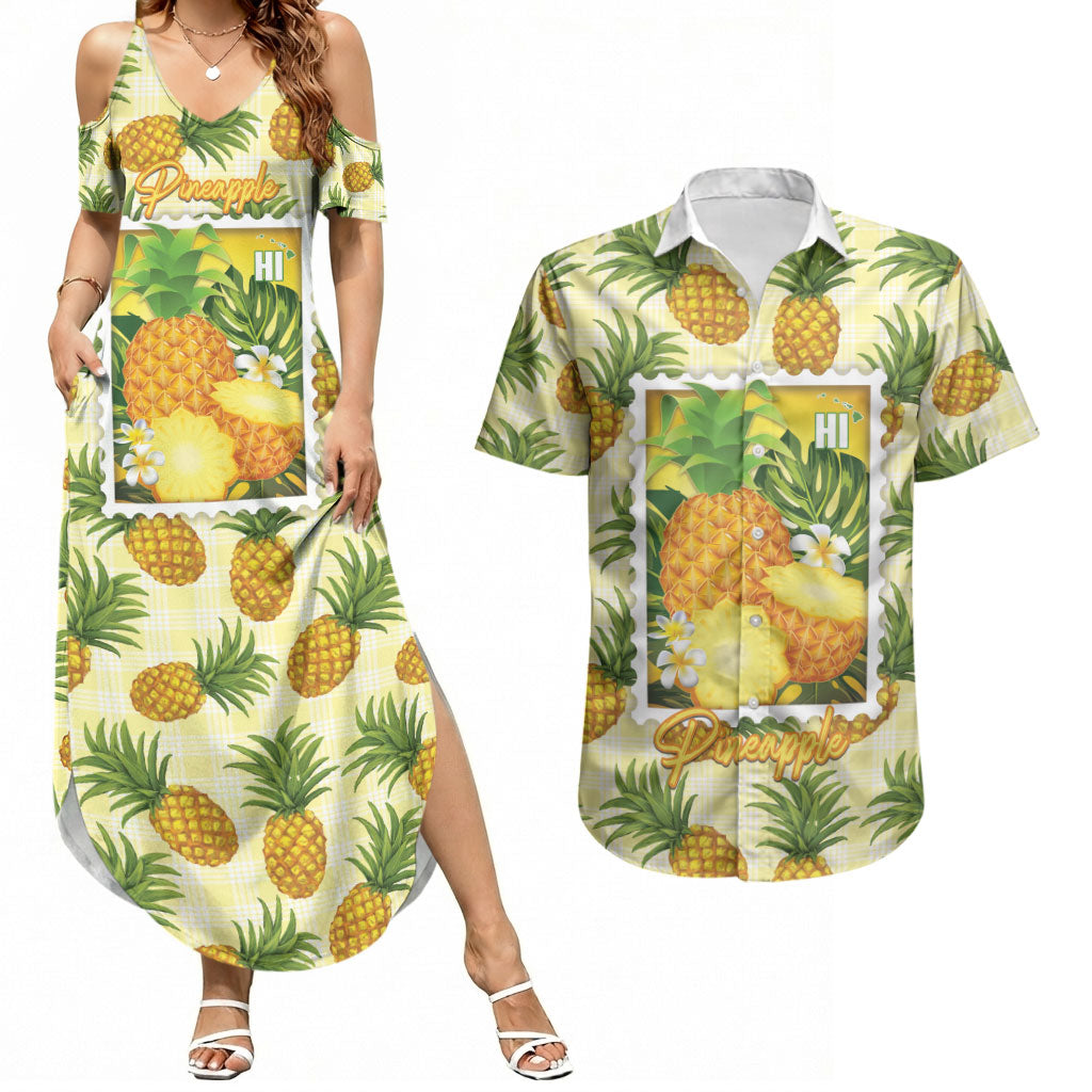 Aloha Hawaii Hala Kahiki Palaka Motifs Couples Matching Summer Maxi Dress and Hawaiian Shirt Hawaiian Pineapple Stylized Stamp