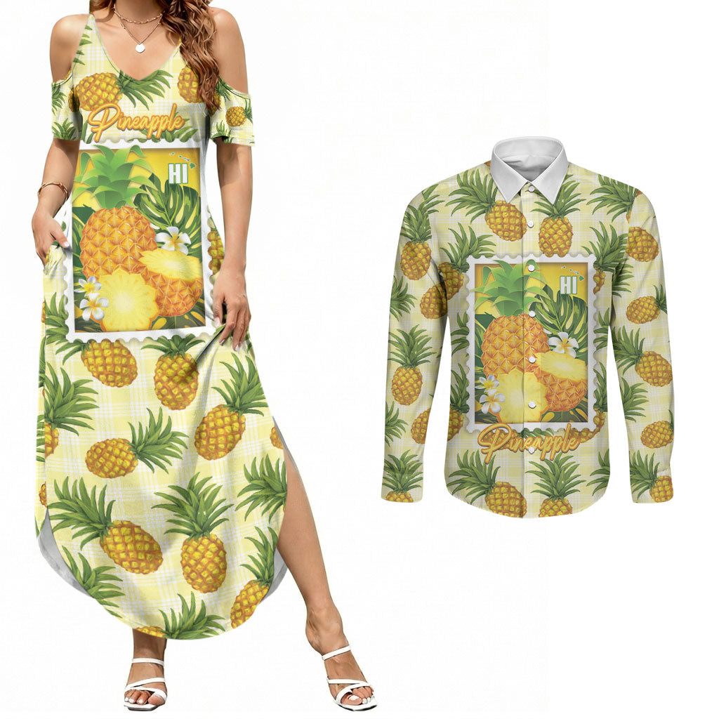 Aloha Hawaii Hala Kahiki Palaka Motifs Couples Matching Summer Maxi Dress and Long Sleeve Button Shirt Hawaiian Pineapple Stylized Stamp