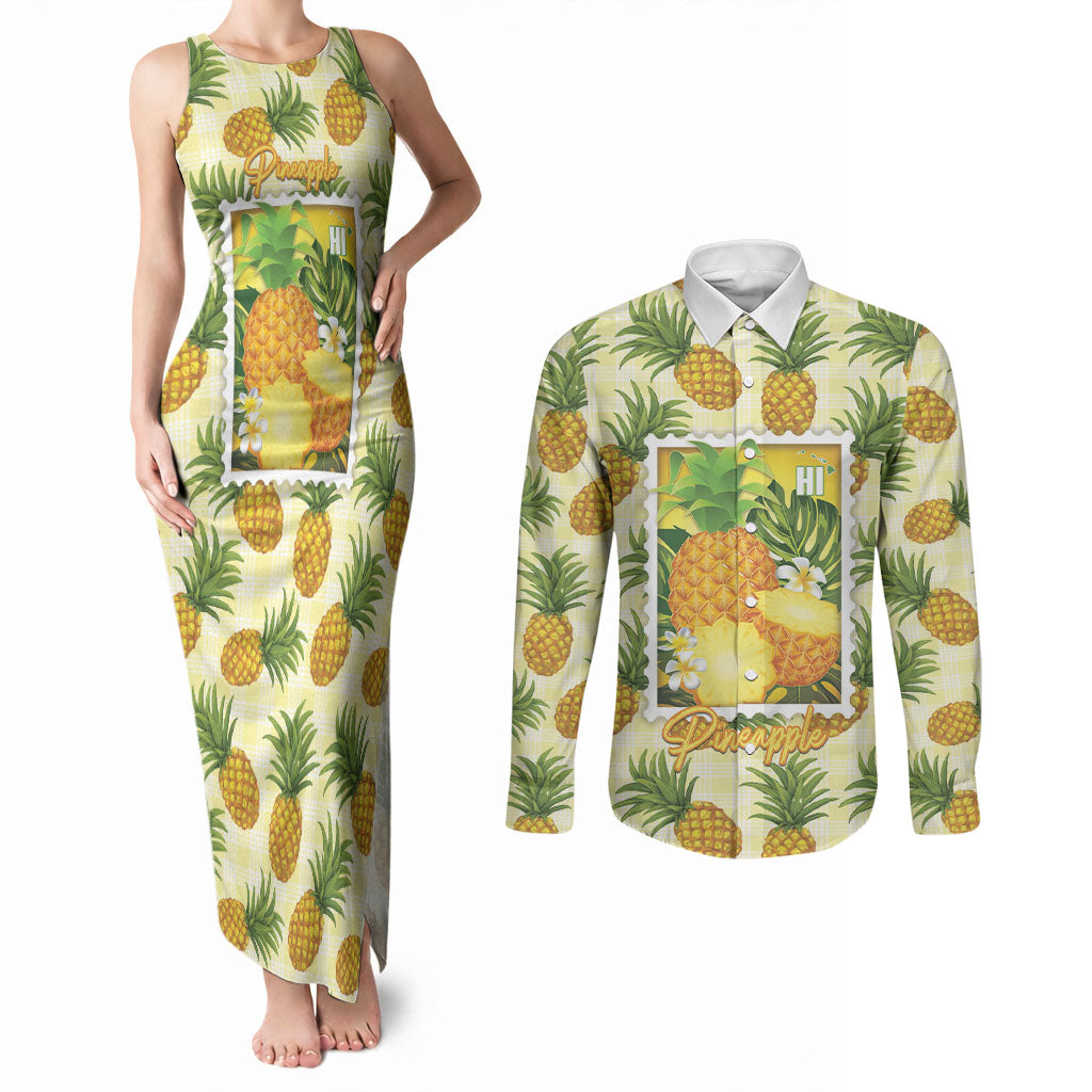Aloha Hawaii Hala Kahiki Palaka Motifs Couples Matching Tank Maxi Dress and Long Sleeve Button Shirt Hawaiian Pineapple Stylized Stamp