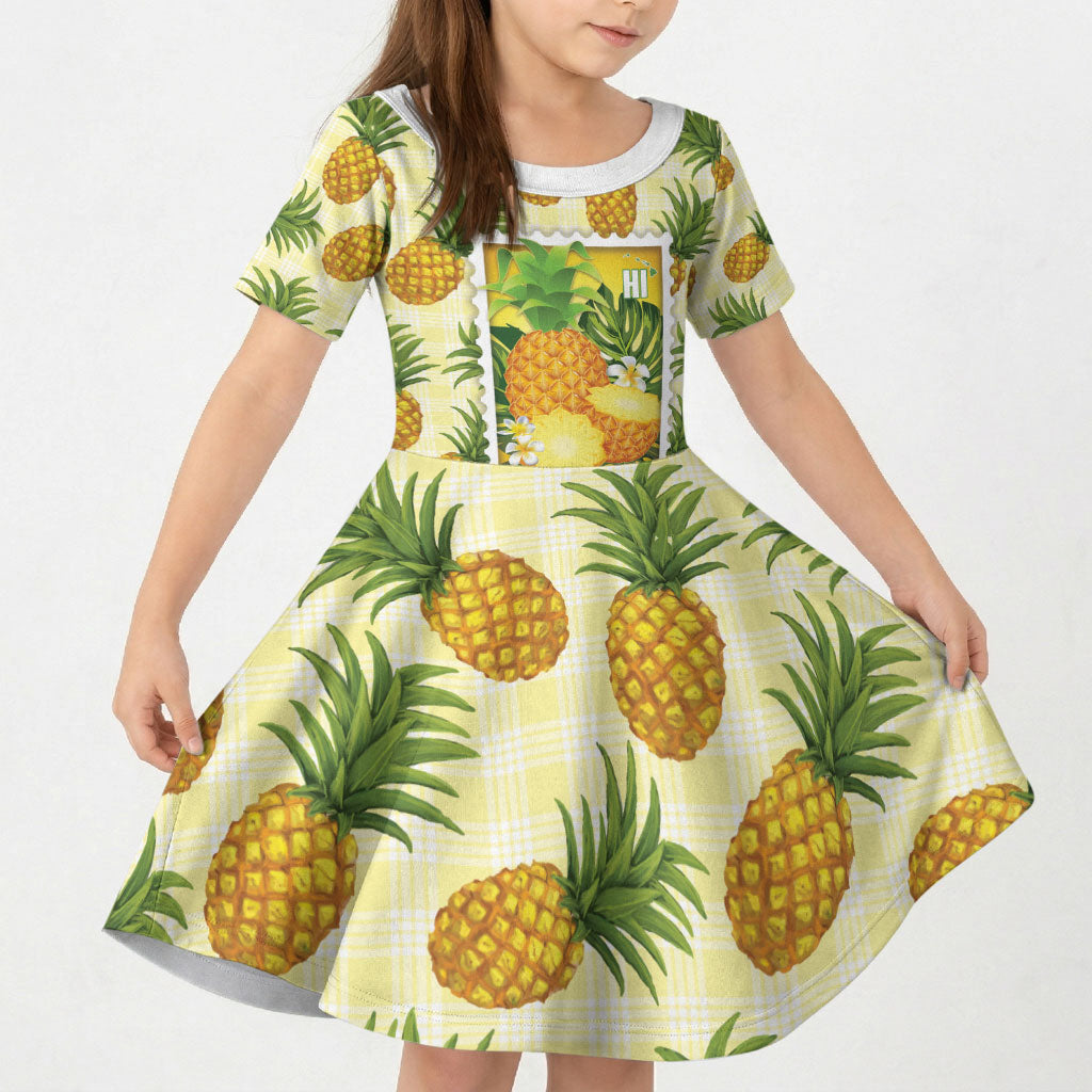 Aloha Hawaii Hala Kahiki Palaka Motifs Kid Short Sleeve Dress Hawaiian Pineapple Stylized Stamp