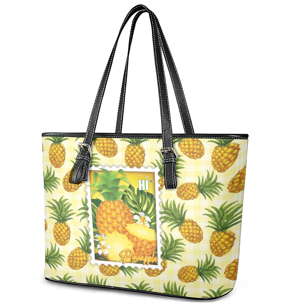 Aloha Hawaii Hala Kahiki Palaka Motifs Leather Tote Bag Hawaiian Pineapple Stylized Stamp LT14 - Polynesian Pride