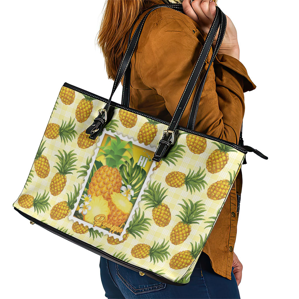 Aloha Hawaii Hala Kahiki Palaka Motifs Leather Tote Bag Hawaiian Pineapple Stylized Stamp LT14 - Polynesian Pride