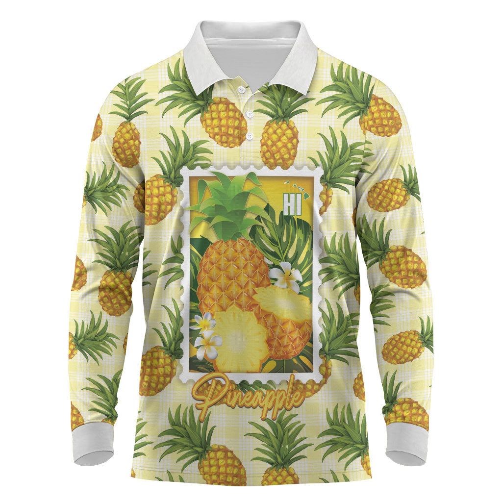 Aloha Hawaii Hala Kahiki Palaka Motifs Long Sleeve Polo Shirt Hawaiian Pineapple Stylized Stamp