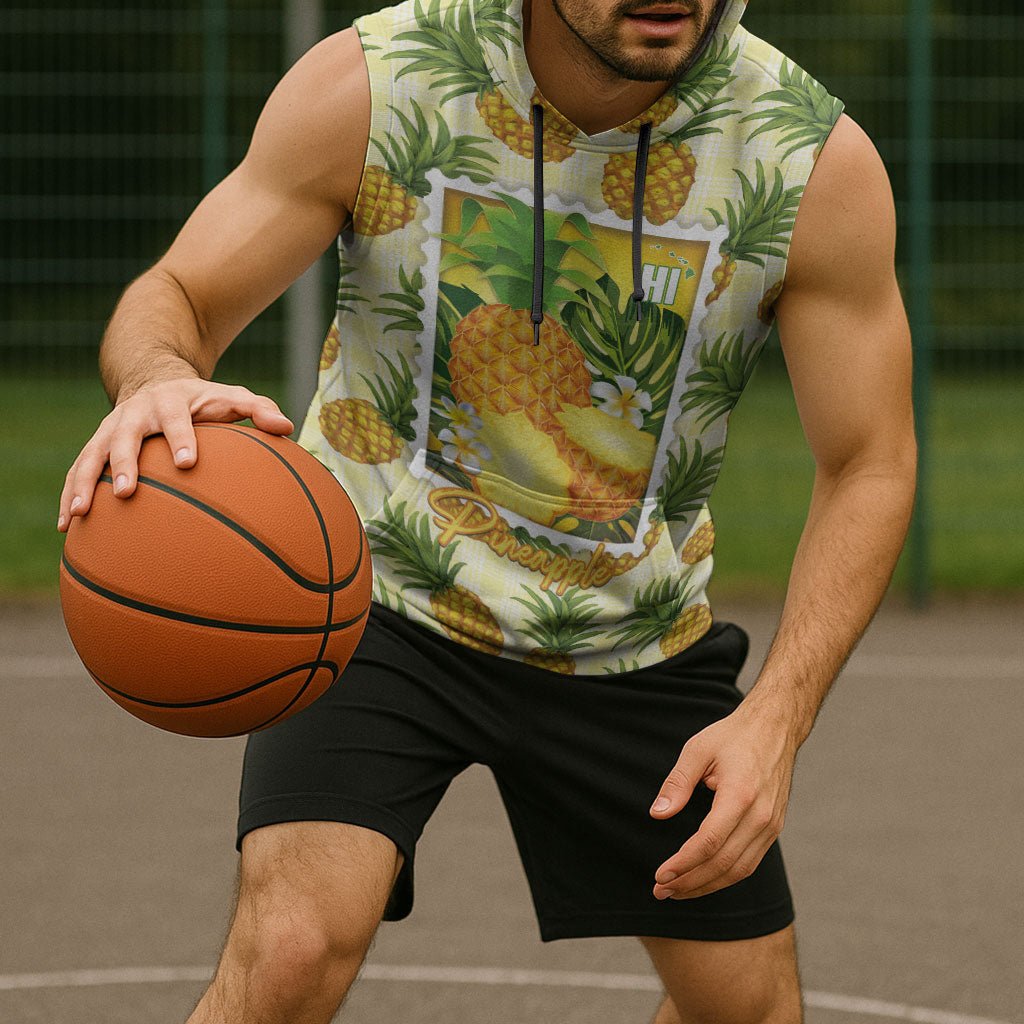 Aloha Hawaii Hala Kahiki Palaka Motifs Sleeveless Hoodie Hawaiian Pineapple Stylized Stamp LT14 - Polynesian Pride
