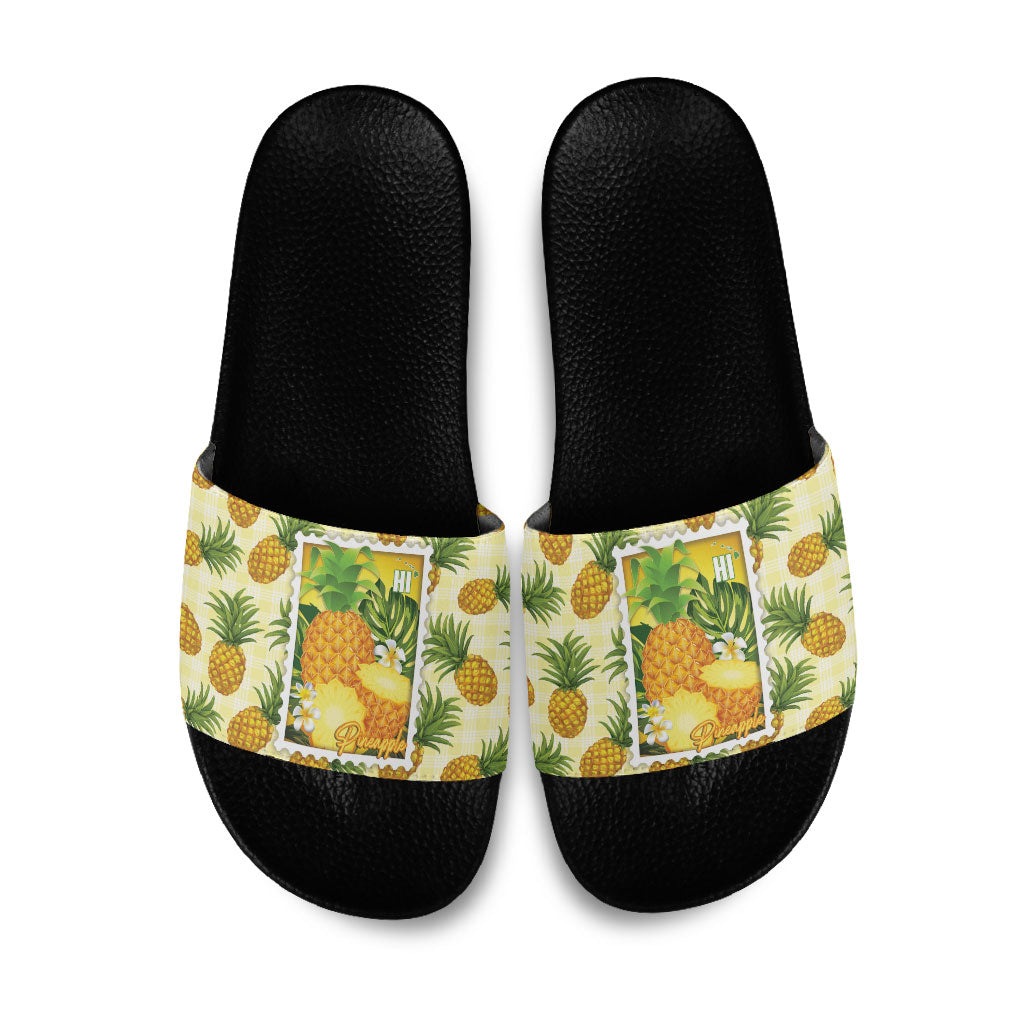 Aloha Hawaii Hala Kahiki Palaka Motifs Slide Sandals Hawaiian Pineapple Stylized Stamp