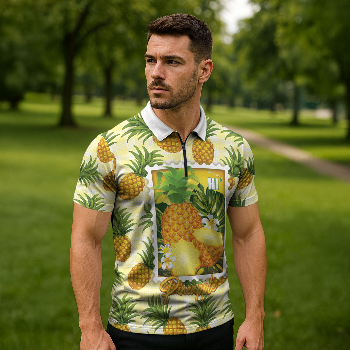 Aloha Hawaii Hala Kahiki Palaka Motifs Zipper Polo Shirt Hawaiian Pineapple Stylized Stamp LT14 - Polynesian Pride