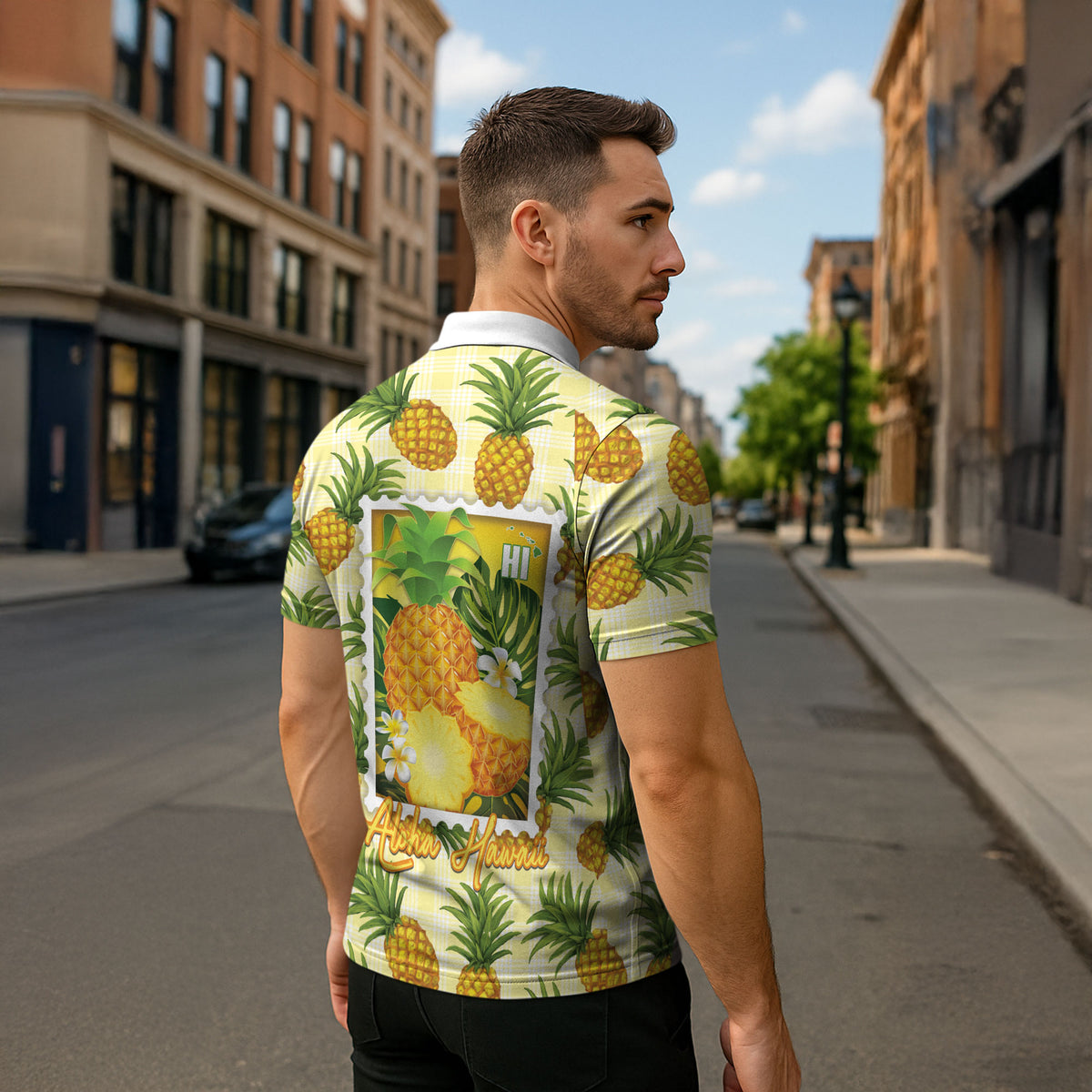 Aloha Hawaii Hala Kahiki Palaka Motifs Zipper Polo Shirt Hawaiian Pineapple Stylized Stamp LT14 - Polynesian Pride