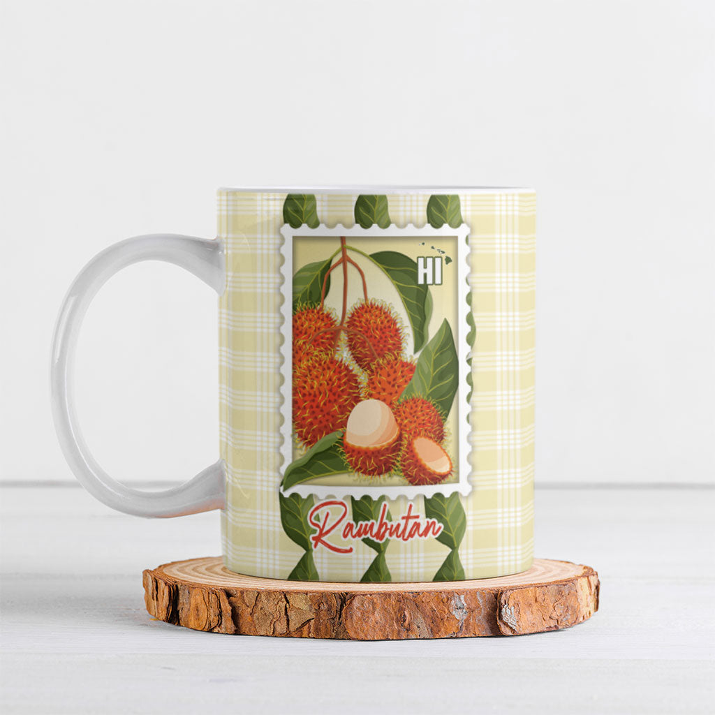 Aloha Hawaii Rambutan Palaka Motifs Ceramic Mug Hawaiian Fruit Stylized Stamp
