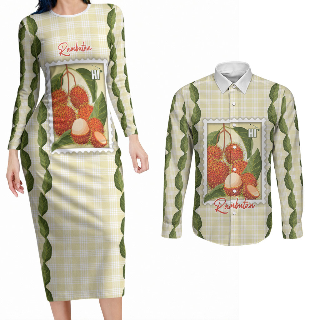 Aloha Hawaii Rambutan Palaka Motifs Couples Matching Long Sleeve Bodycon Dress and Long Sleeve Button Shirt Hawaiian Fruit Stylized Stamp