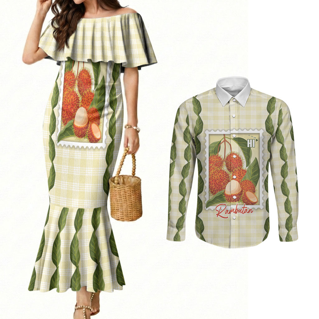 Aloha Hawaii Rambutan Palaka Motifs Couples Matching Mermaid Dress and Long Sleeve Button Shirt Hawaiian Fruit Stylized Stamp
