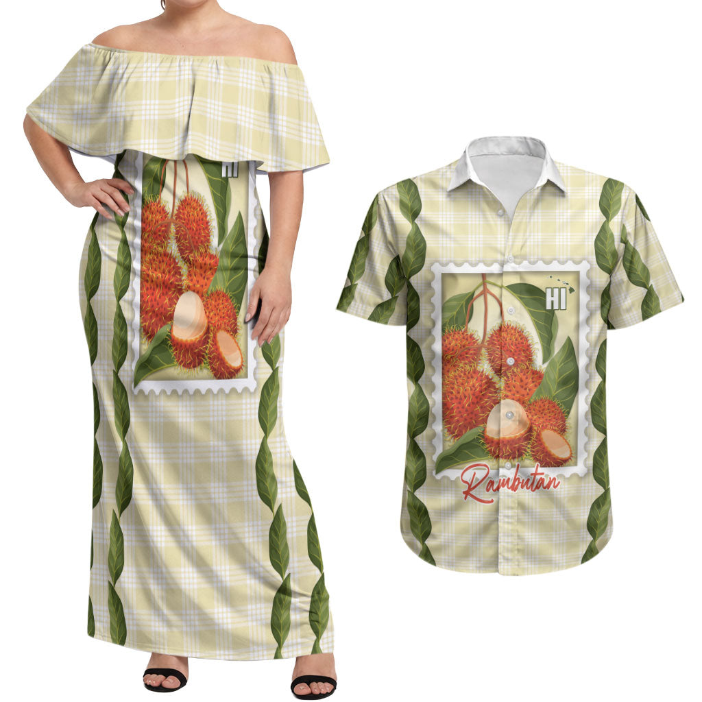 Aloha Hawaii Rambutan Palaka Motifs Couples Matching Off Shoulder Maxi Dress and Hawaiian Shirt Hawaiian Fruit Stylized Stamp