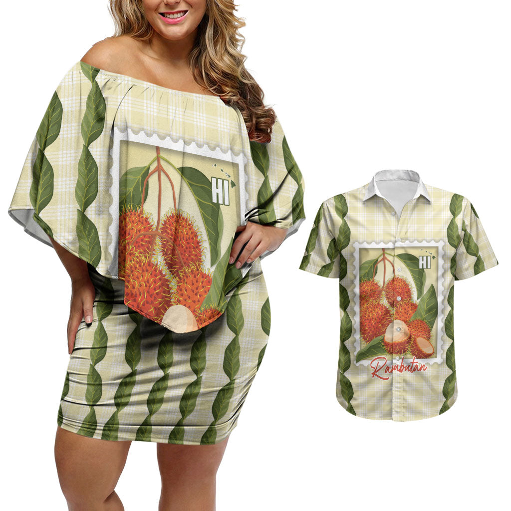 Aloha Hawaii Rambutan Palaka Motifs Couples Matching Off Shoulder Short Dress and Hawaiian Shirt Hawaiian Fruit Stylized Stamp