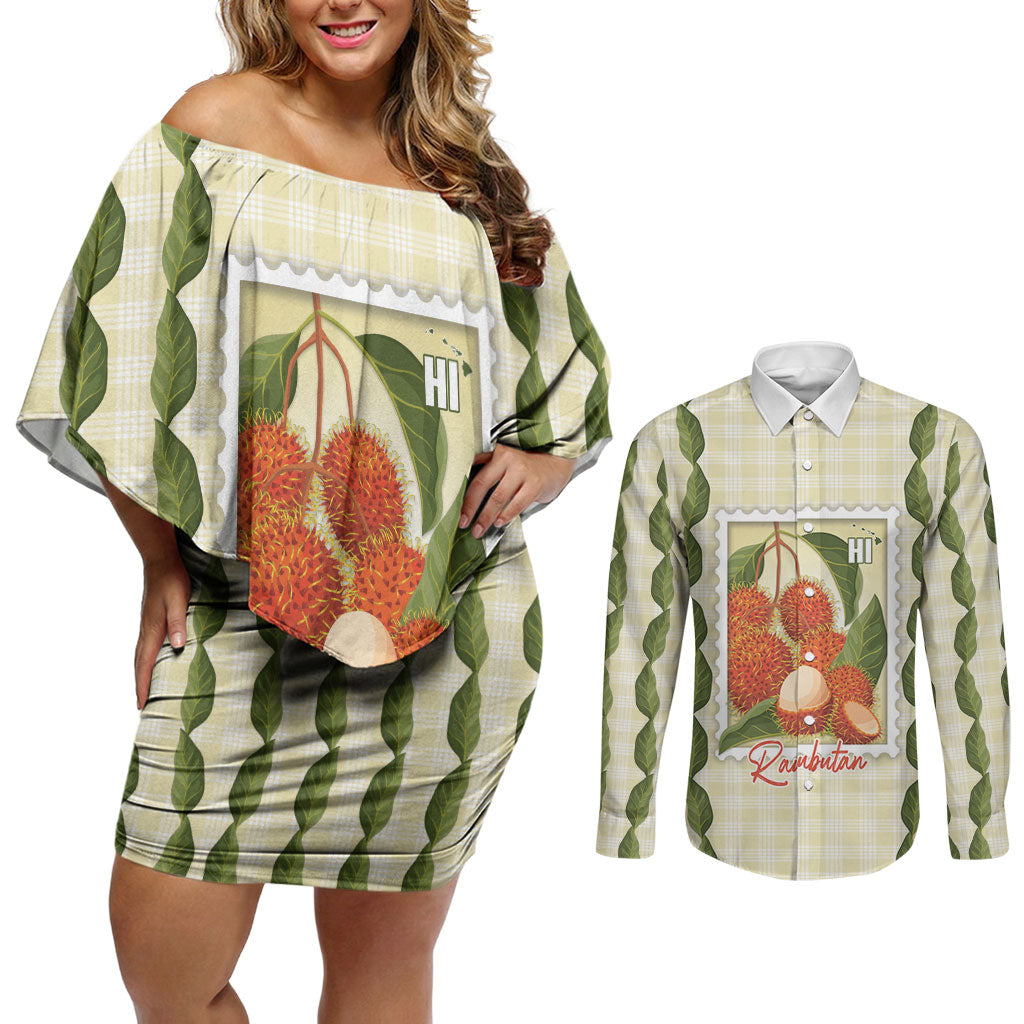 Aloha Hawaii Rambutan Palaka Motifs Couples Matching Off Shoulder Short Dress and Long Sleeve Button Shirt Hawaiian Fruit Stylized Stamp