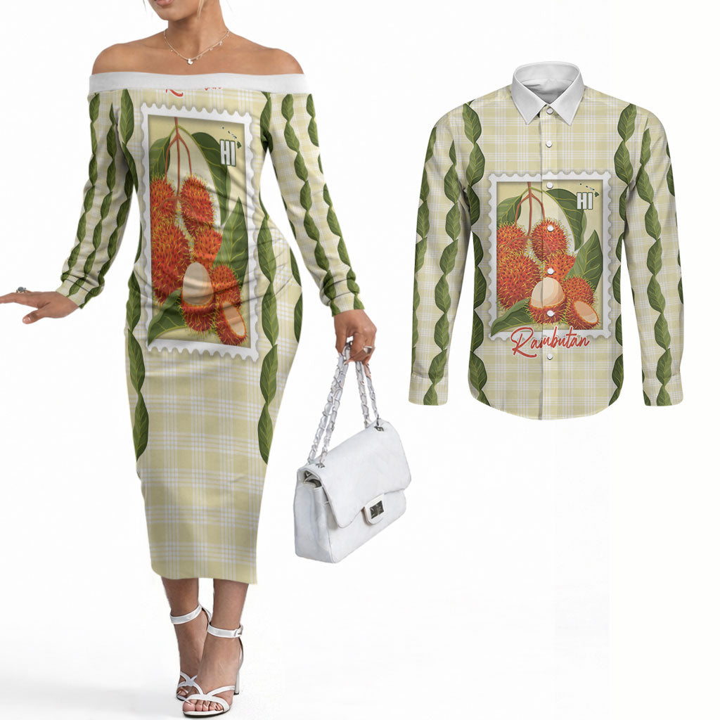 Aloha Hawaii Rambutan Palaka Motifs Couples Matching Off The Shoulder Long Sleeve Dress and Long Sleeve Button Shirt Hawaiian Fruit Stylized Stamp