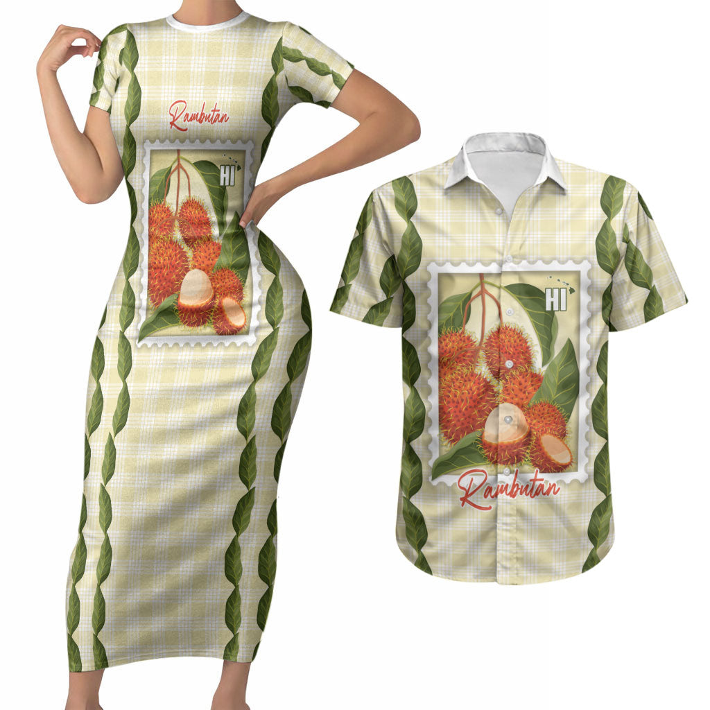 Aloha Hawaii Rambutan Palaka Motifs Couples Matching Short Sleeve Bodycon Dress and Hawaiian Shirt Hawaiian Fruit Stylized Stamp