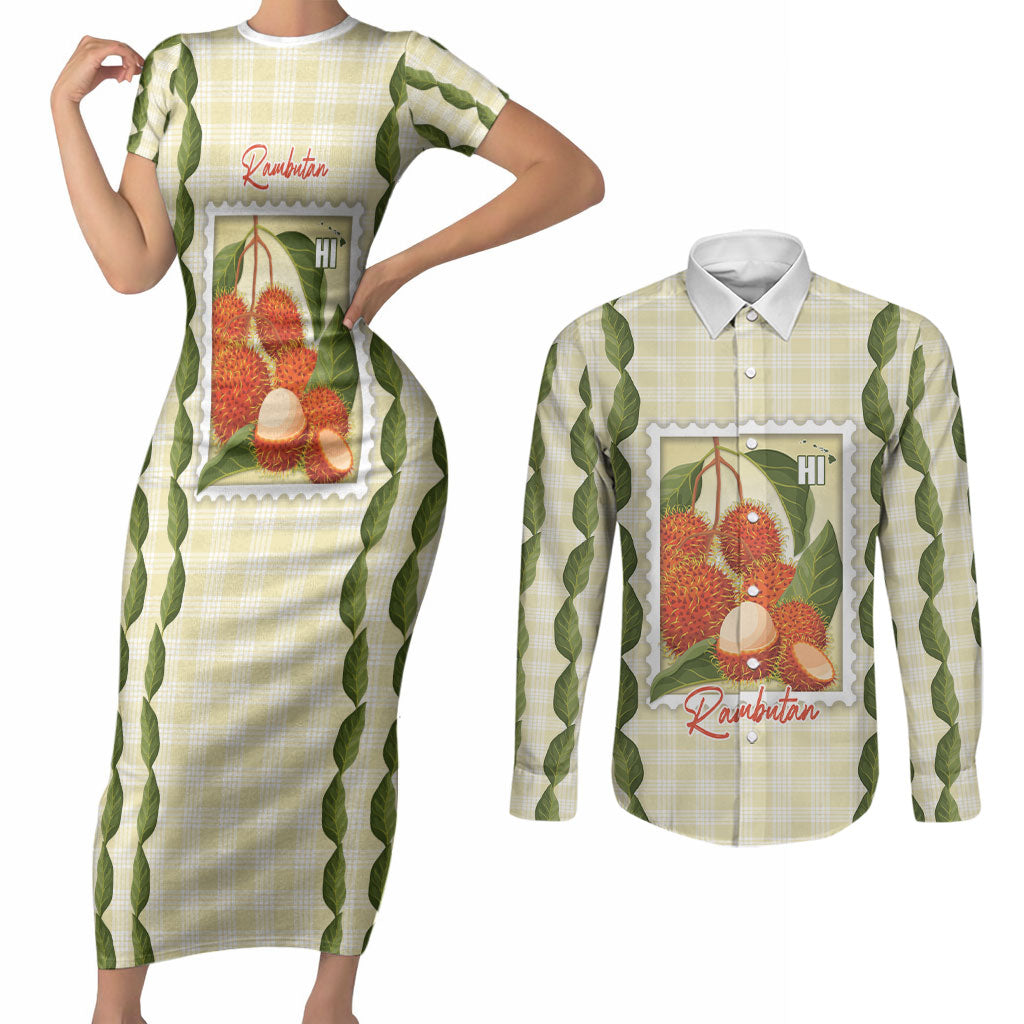 Aloha Hawaii Rambutan Palaka Motifs Couples Matching Short Sleeve Bodycon Dress and Long Sleeve Button Shirt Hawaiian Fruit Stylized Stamp