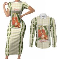 Aloha Hawaii Rambutan Palaka Motifs Couples Matching Short Sleeve Bodycon Dress and Long Sleeve Button Shirt Hawaiian Fruit Stylized Stamp LT14 Yellow - Polynesian Pride