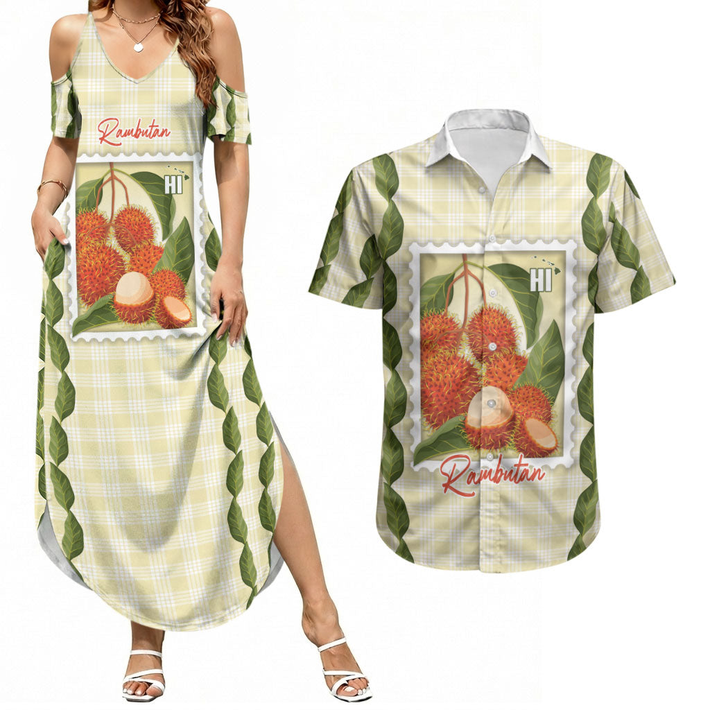 Aloha Hawaii Rambutan Palaka Motifs Couples Matching Summer Maxi Dress and Hawaiian Shirt Hawaiian Fruit Stylized Stamp