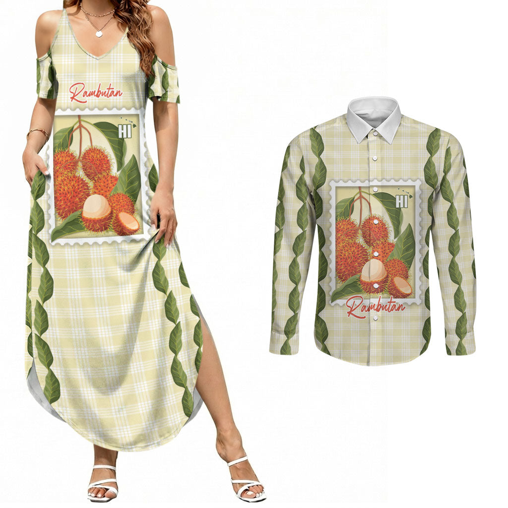Aloha Hawaii Rambutan Palaka Motifs Couples Matching Summer Maxi Dress and Long Sleeve Button Shirt Hawaiian Fruit Stylized Stamp