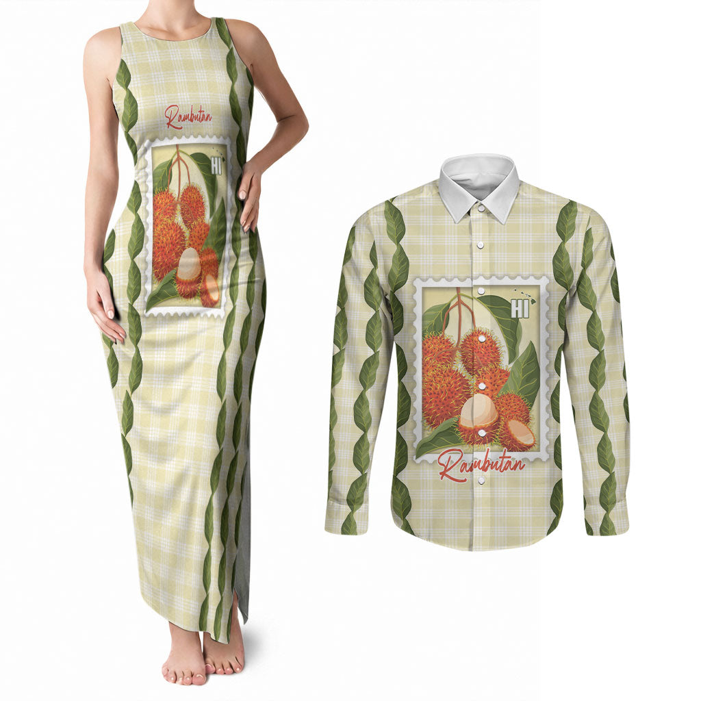 Aloha Hawaii Rambutan Palaka Motifs Couples Matching Tank Maxi Dress and Long Sleeve Button Shirt Hawaiian Fruit Stylized Stamp