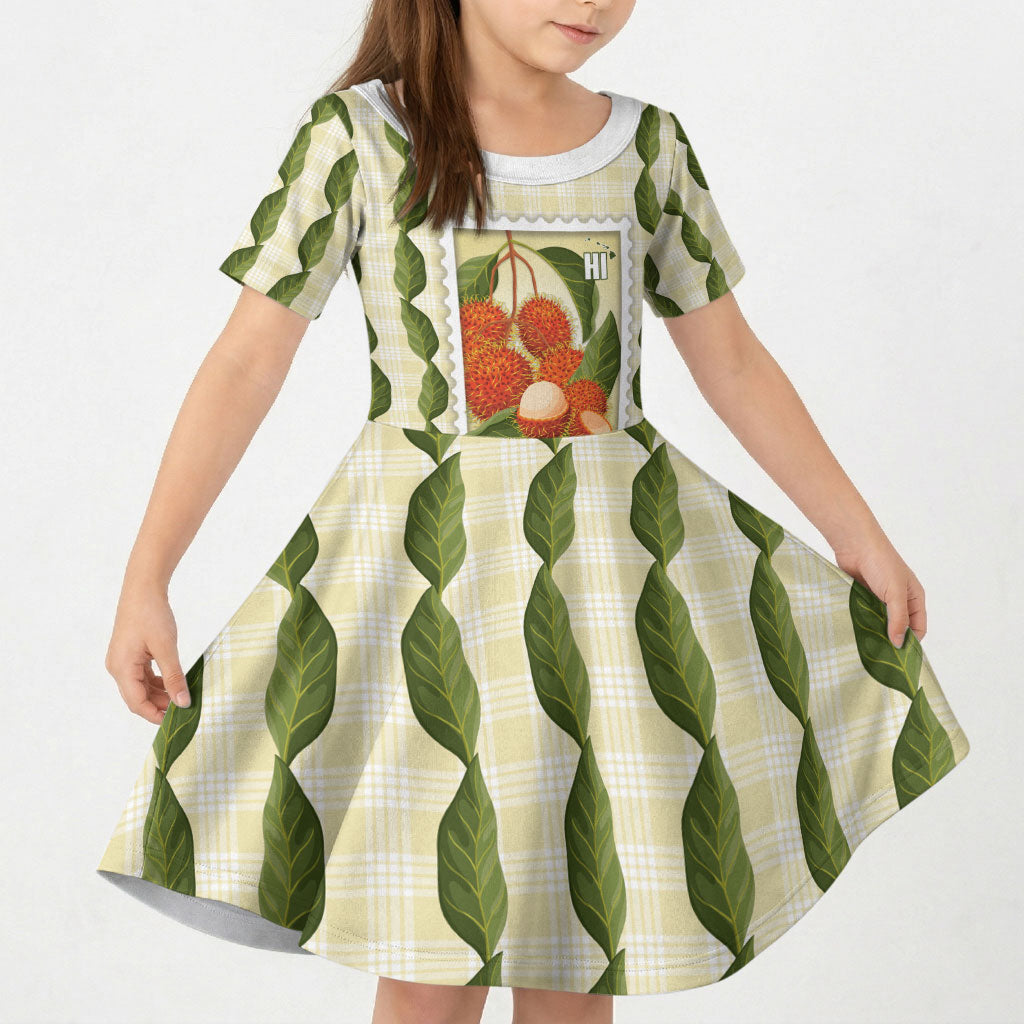 Aloha Hawaii Rambutan Palaka Motifs Kid Short Sleeve Dress Hawaiian Fruit Stylized Stamp