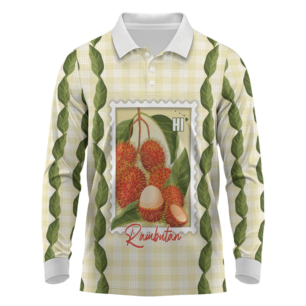 Aloha Hawaii Rambutan Palaka Motifs Long Sleeve Polo Shirt Hawaiian Fruit Stylized Stamp
