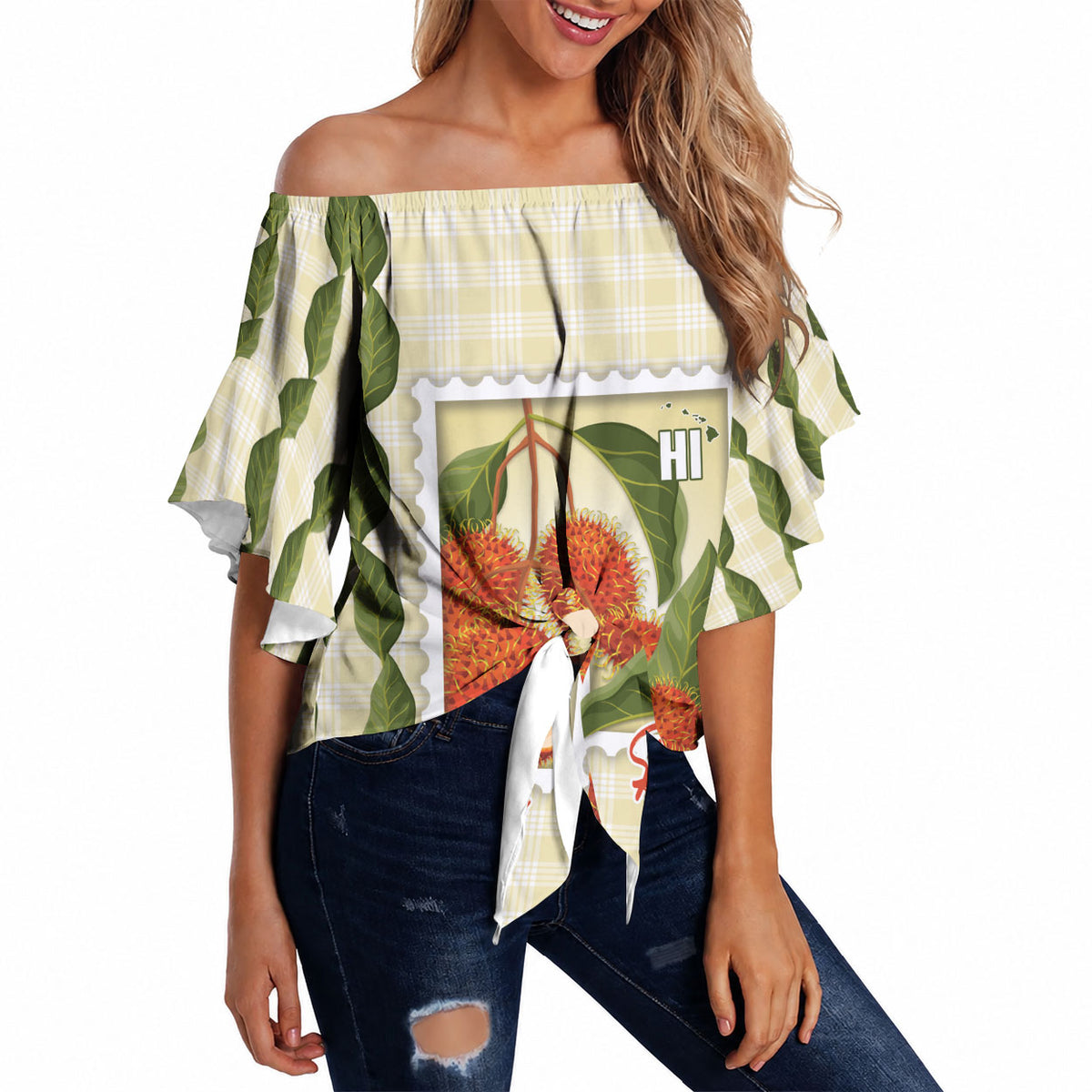 Aloha Hawaii Rambutan Palaka Motifs Off Shoulder Wrap Waist Top Hawaiian Fruit Stylized Stamp LT14 Yellow - Polynesian Pride
