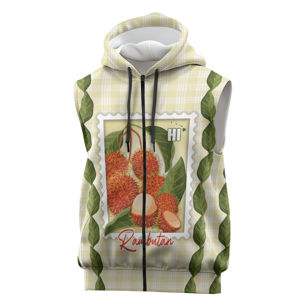 Aloha Hawaii Rambutan Palaka Motifs Sleeveless Zip Hoodie Hawaiian Fruit Stylized Stamp