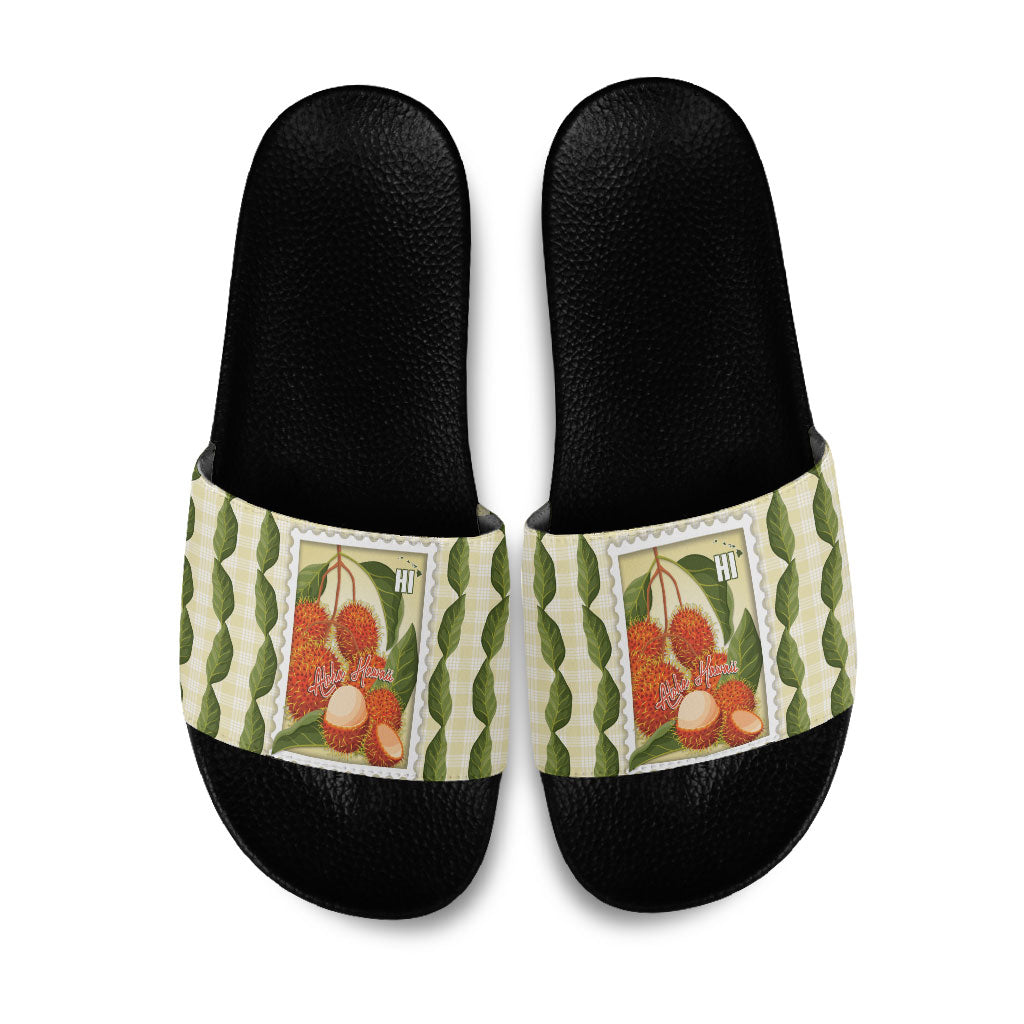 Aloha Hawaii Rambutan Palaka Motifs Slide Sandals Hawaiian Fruit Stylized Stamp