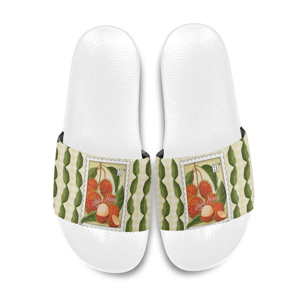 Aloha Hawaii Rambutan Palaka Motifs Slide Sandals Hawaiian Fruit Stylized Stamp LT14 Yellow - Polynesian Pride