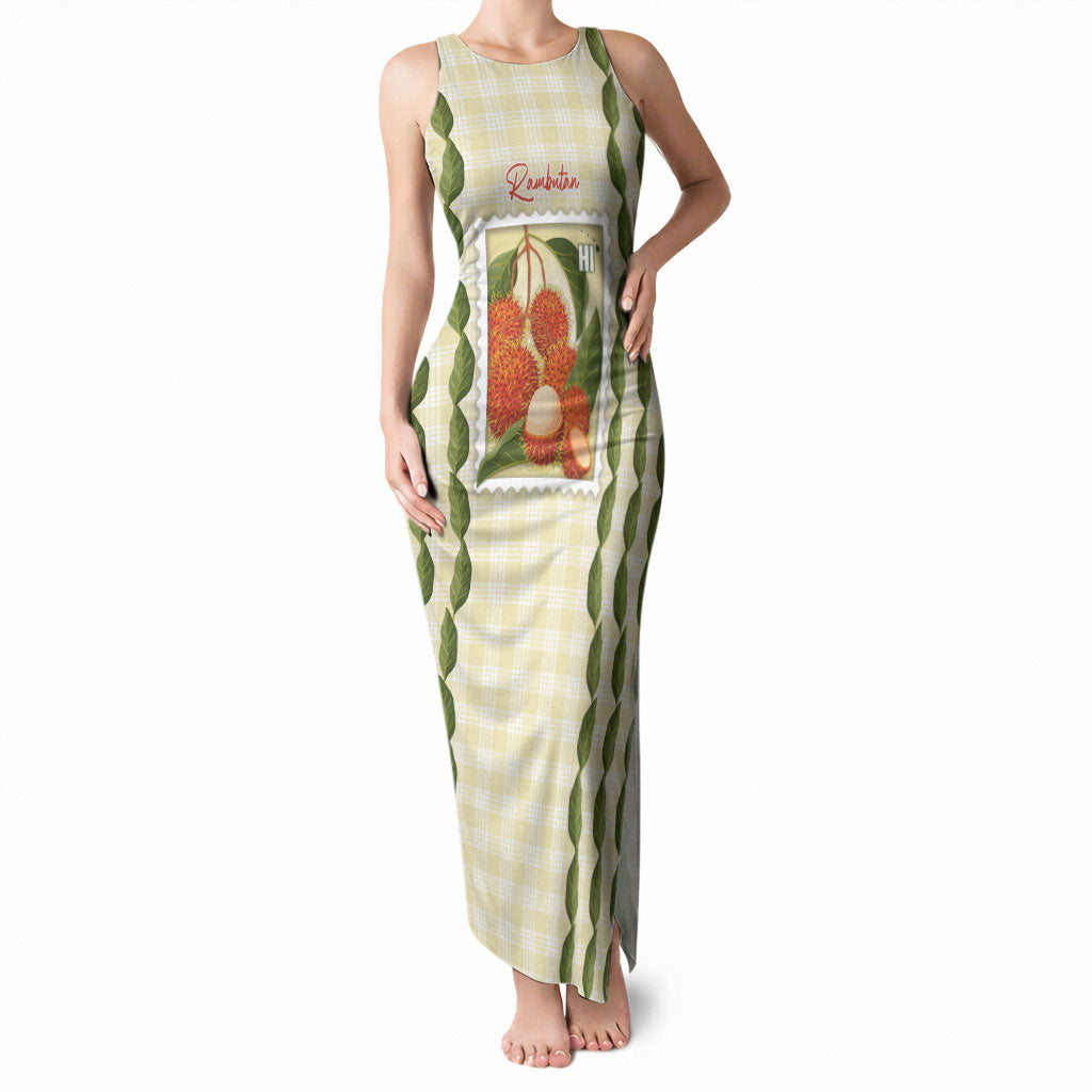 Aloha Hawaii Rambutan Palaka Motifs Tank Maxi Dress Hawaiian Fruit Stylized Stamp