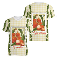 Aloha Hawaii Rambutan Palaka Motifs Women V-Neck T-Shirt Hawaiian Fruit Stylized Stamp LT14 - Polynesian Pride