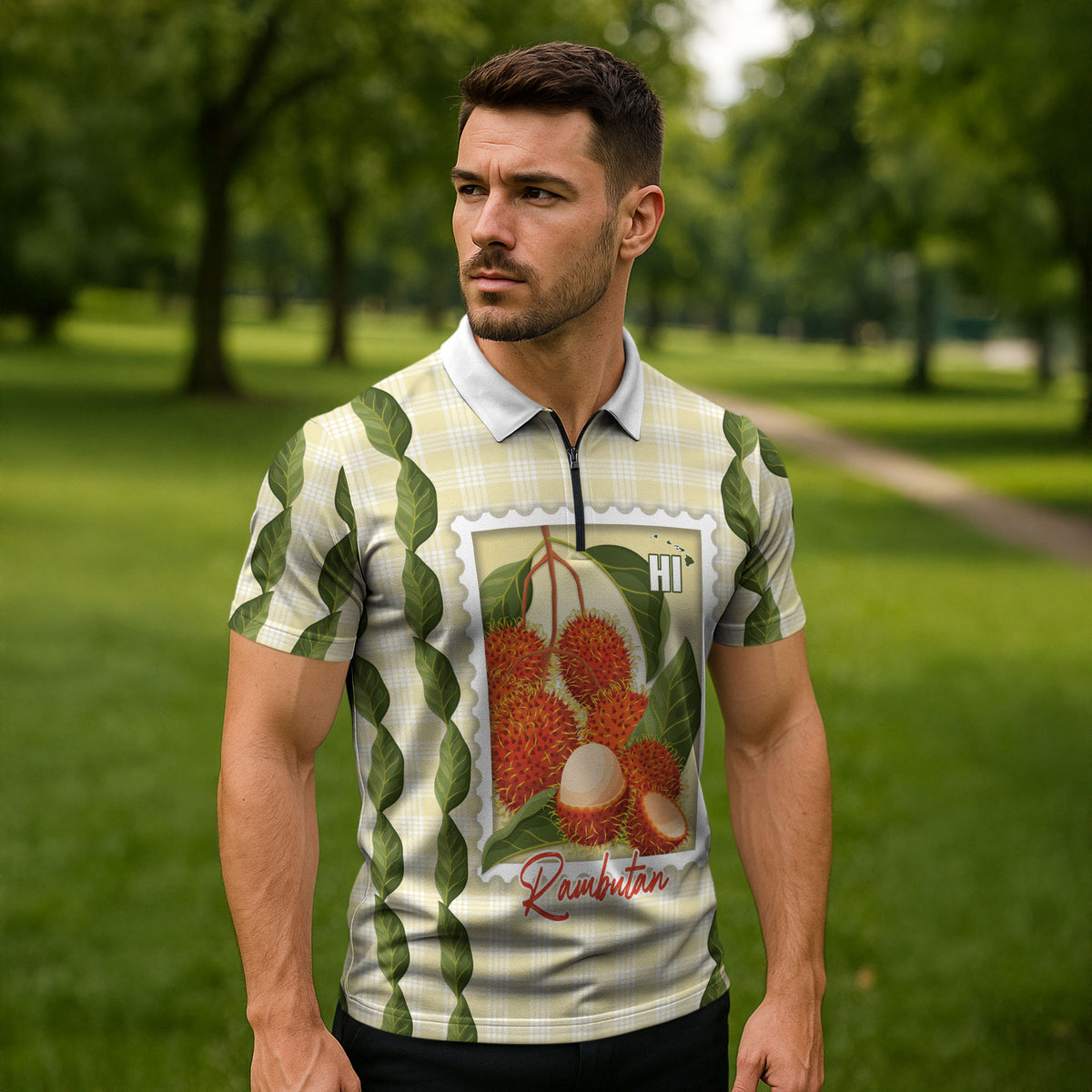Aloha Hawaii Rambutan Palaka Motifs Zipper Polo Shirt Hawaiian Fruit Stylized Stamp LT14 - Polynesian Pride