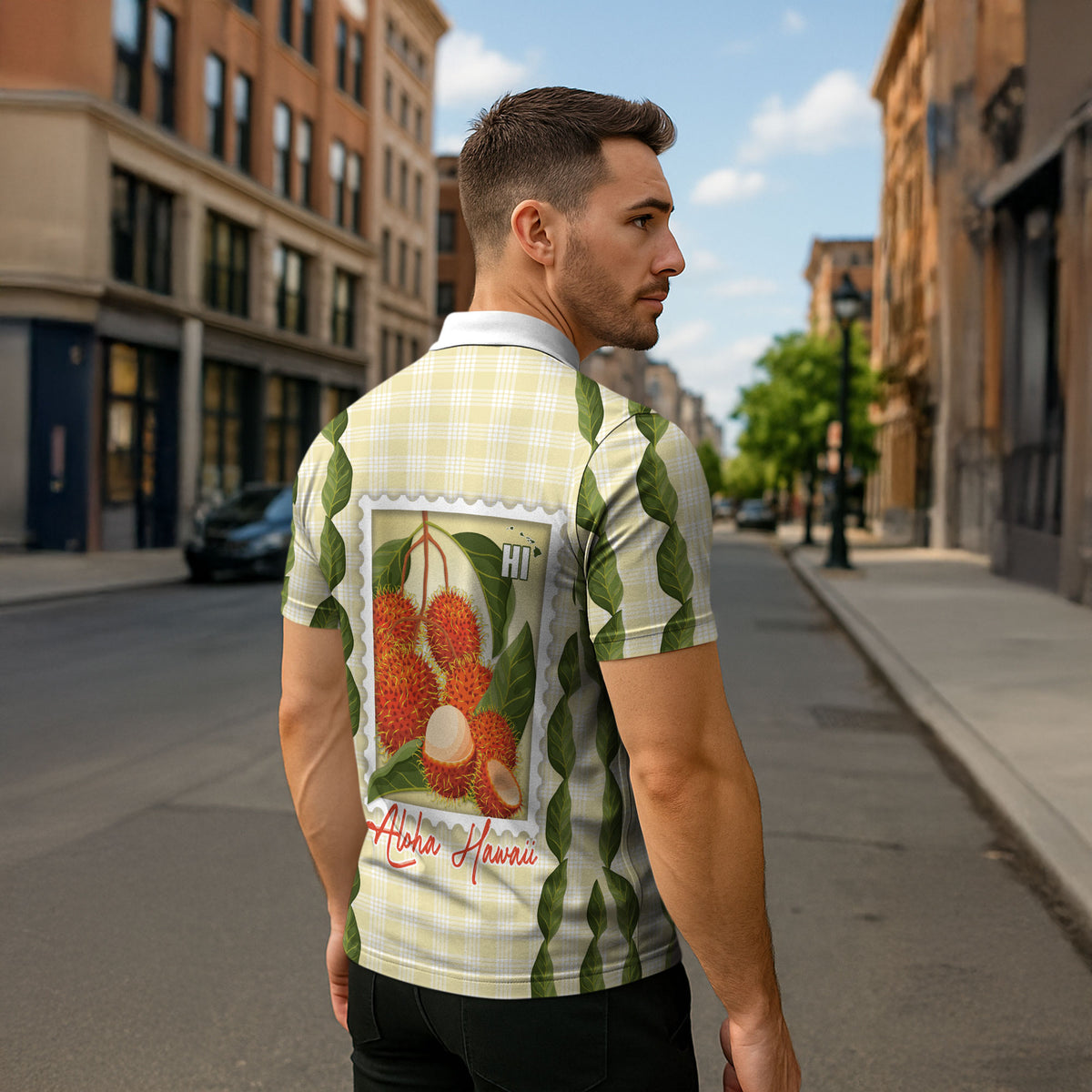Aloha Hawaii Rambutan Palaka Motifs Zipper Polo Shirt Hawaiian Fruit Stylized Stamp LT14 - Polynesian Pride