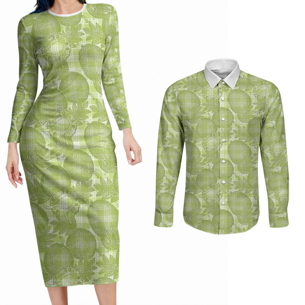 Omaomao Hawaii Breadfruit Palaka Motifs Couples Matching Long Sleeve Bodycon Dress and Long Sleeve Button Shirt