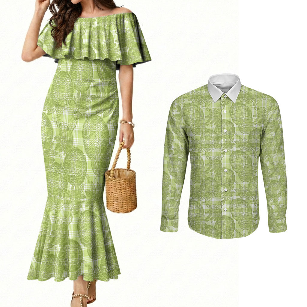 Omaomao Hawaii Breadfruit Palaka Motifs Couples Matching Mermaid Dress and Long Sleeve Button Shirt