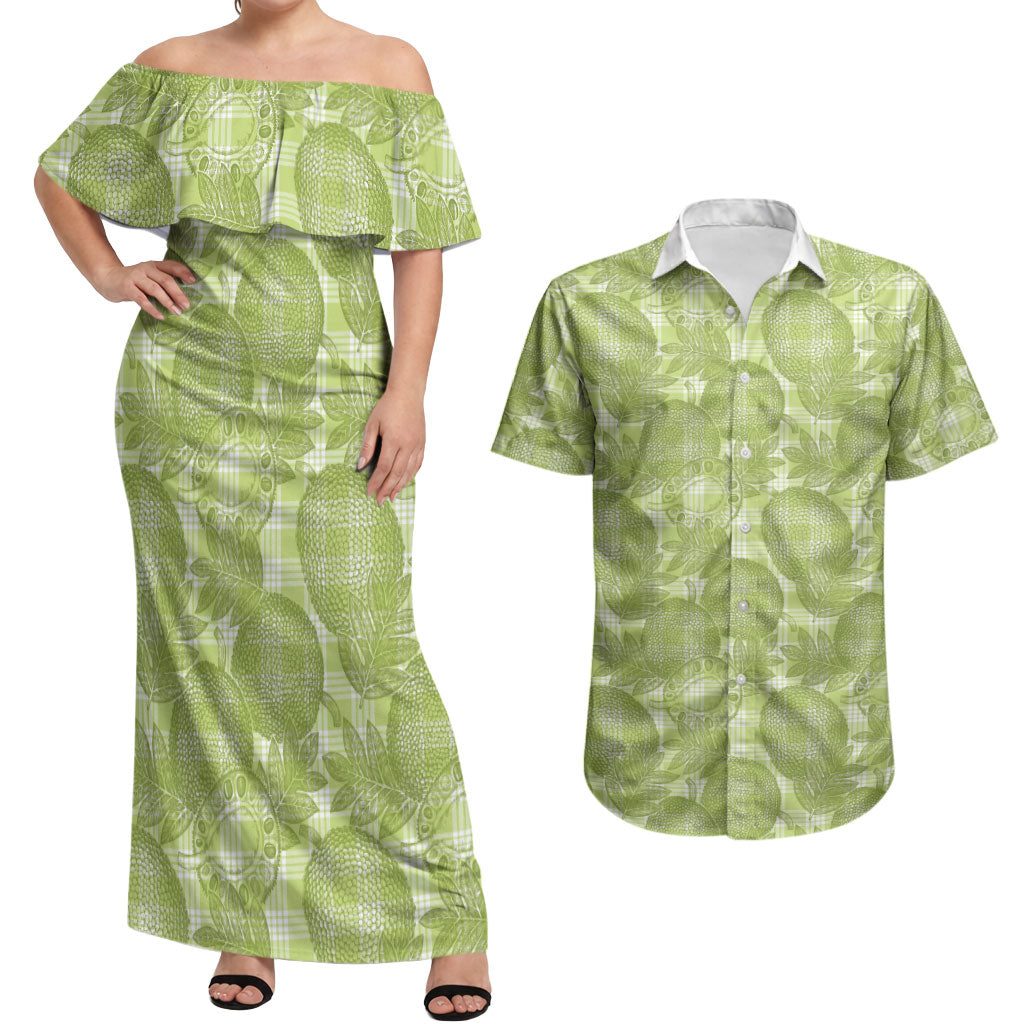 Omaomao Hawaii Breadfruit Palaka Motifs Couples Matching Off Shoulder Maxi Dress and Hawaiian Shirt