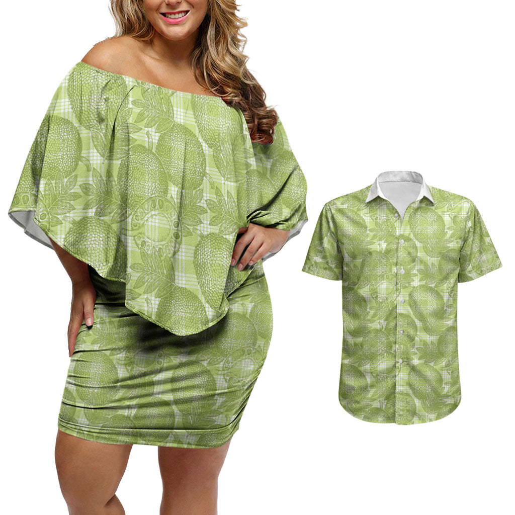 Omaomao Hawaii Breadfruit Palaka Motifs Couples Matching Off Shoulder Short Dress and Hawaiian Shirt