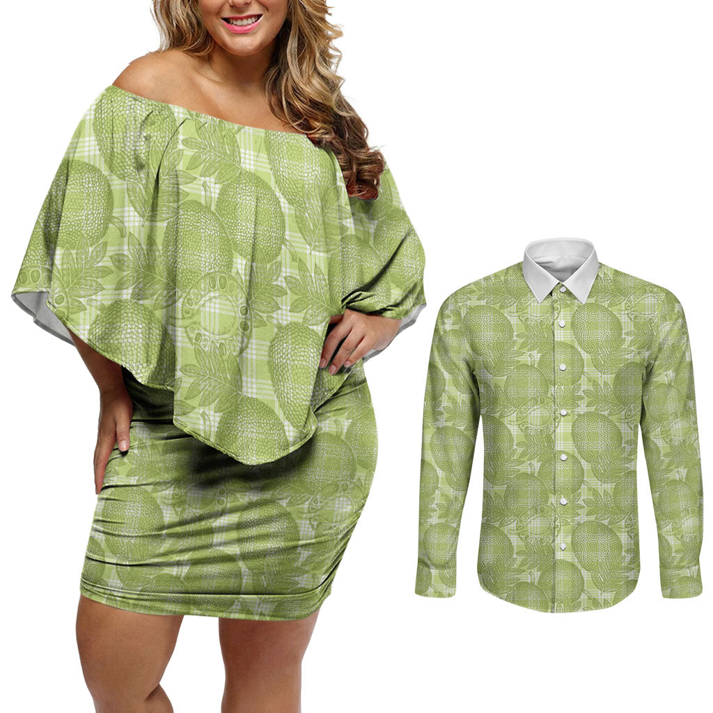 Omaomao Hawaii Breadfruit Palaka Motifs Couples Matching Off Shoulder Short Dress and Long Sleeve Button Shirt