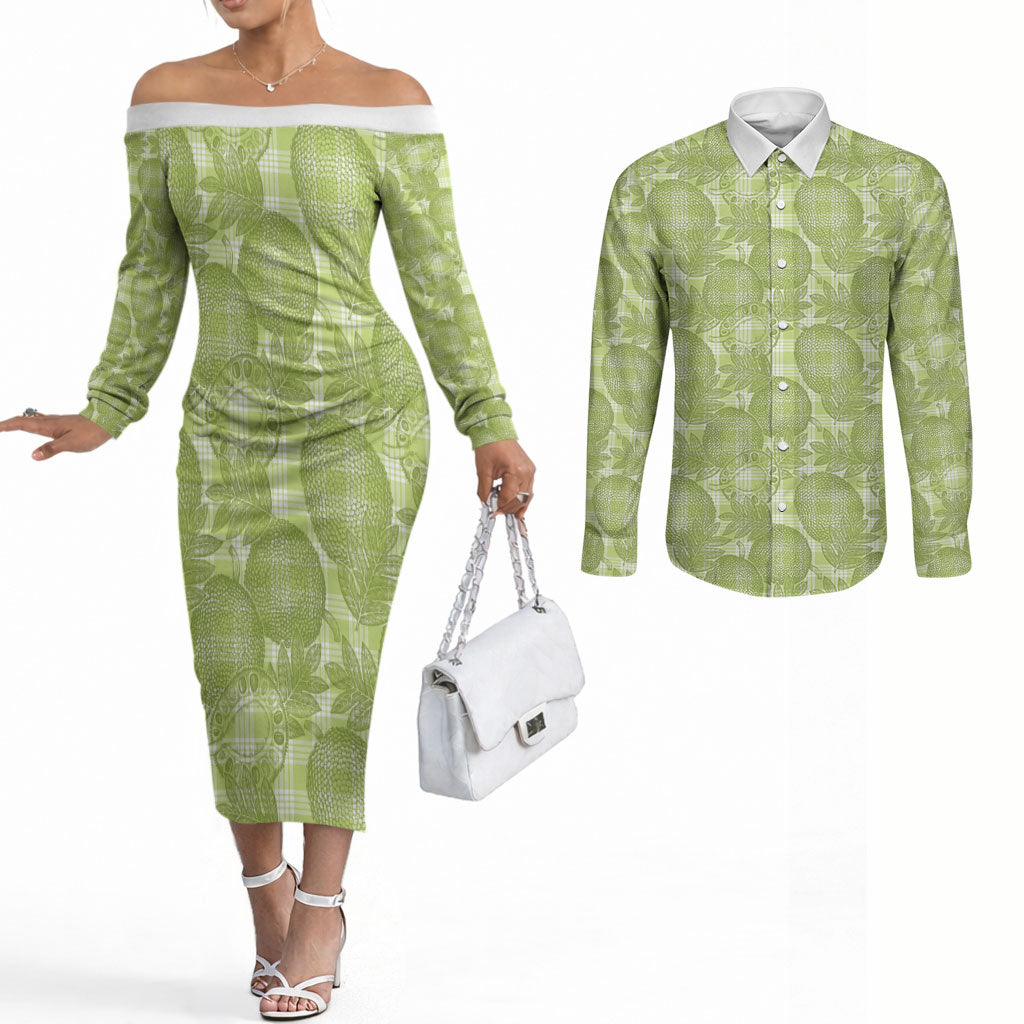 Omaomao Hawaii Breadfruit Palaka Motifs Couples Matching Off The Shoulder Long Sleeve Dress and Long Sleeve Button Shirt