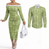 Omaomao Hawaii Breadfruit Palaka Motifs Couples Matching Off The Shoulder Long Sleeve Dress and Long Sleeve Button Shirt LT14 Green - Polynesian Pride