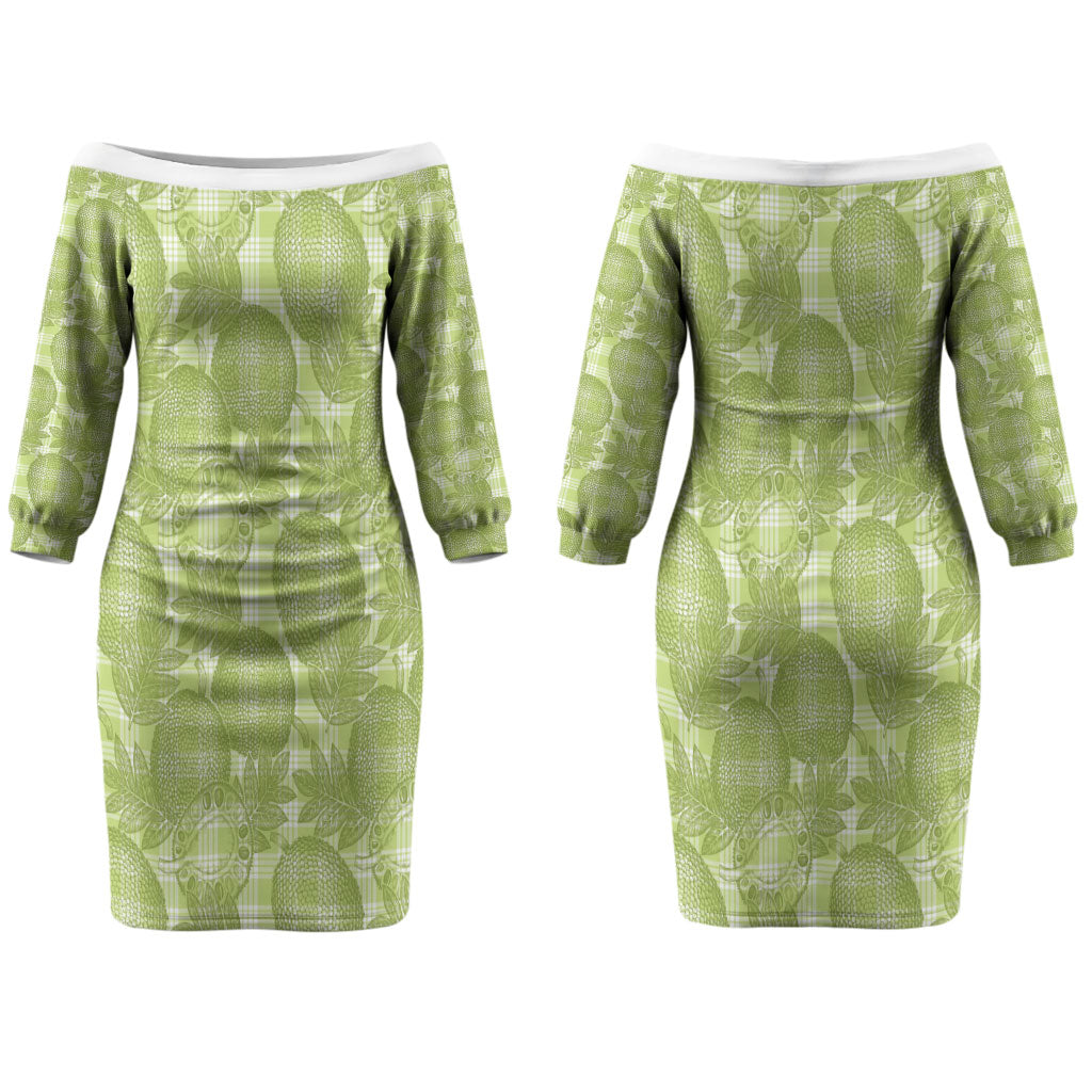 Omaomao Hawaii Breadfruit Palaka Motifs Couples Matching Off The Shoulder Long Sleeve Dress and Long Sleeve Button Shirt LT14 - Polynesian Pride