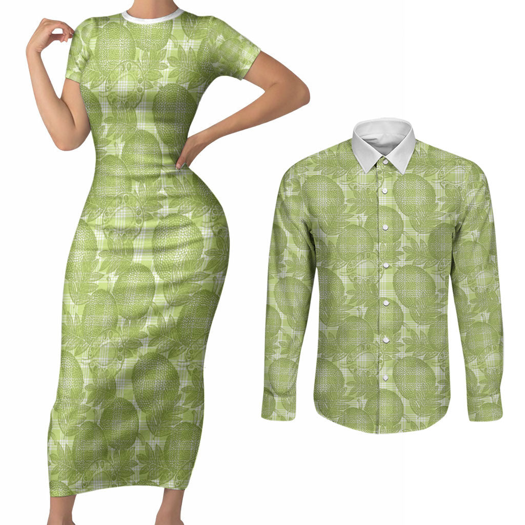 Omaomao Hawaii Breadfruit Palaka Motifs Couples Matching Short Sleeve Bodycon Dress and Long Sleeve Button Shirt
