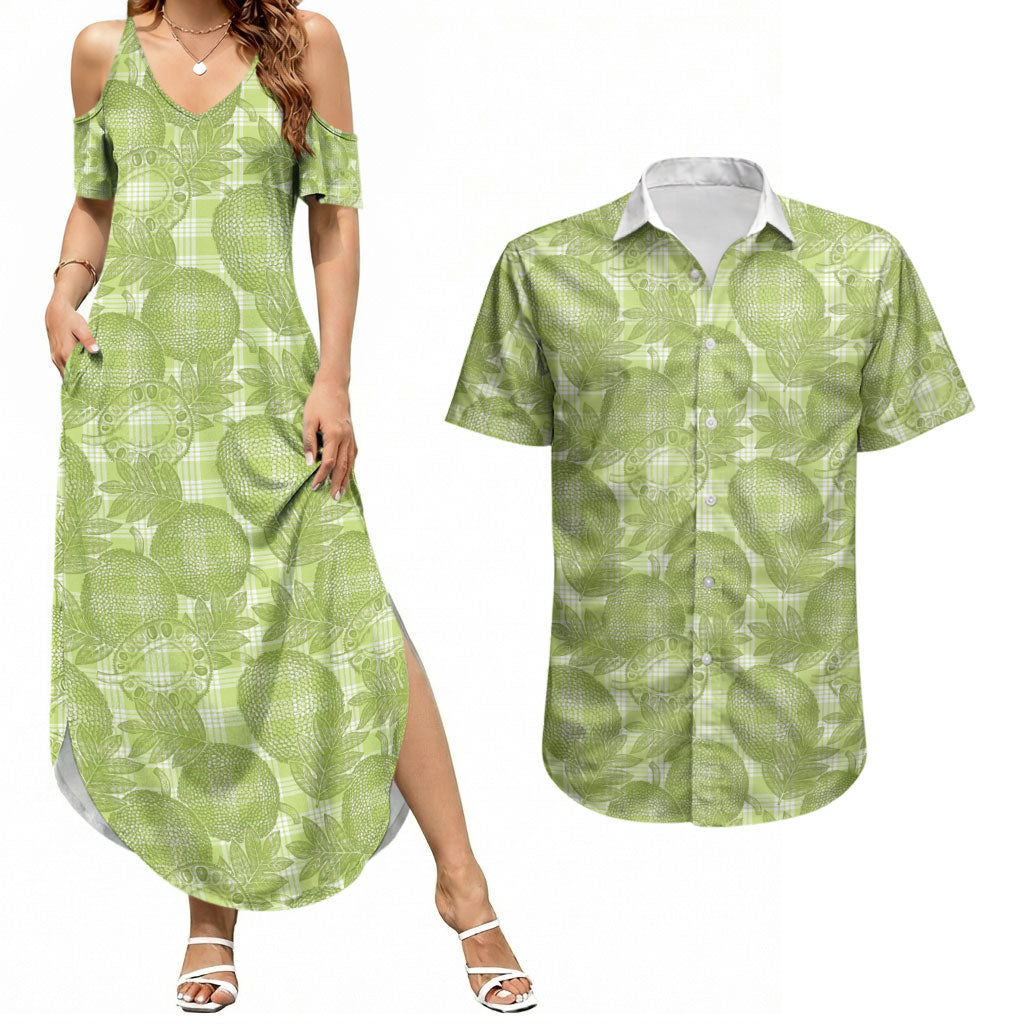 Omaomao Hawaii Breadfruit Palaka Motifs Couples Matching Summer Maxi Dress and Hawaiian Shirt