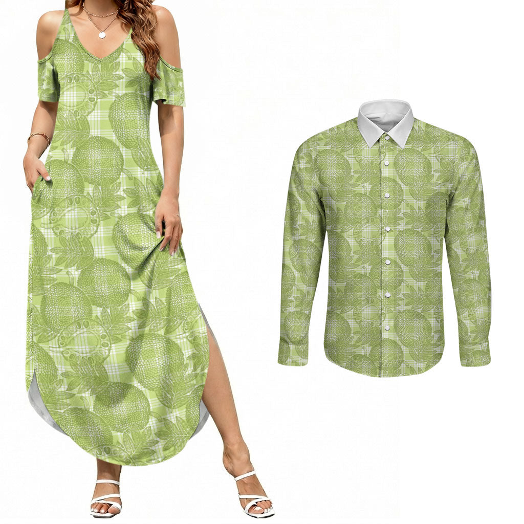 Omaomao Hawaii Breadfruit Palaka Motifs Couples Matching Summer Maxi Dress and Long Sleeve Button Shirt
